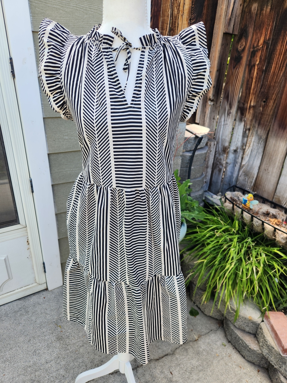 Time and Tru Black and White Striped Tie-Neck Midi Dress